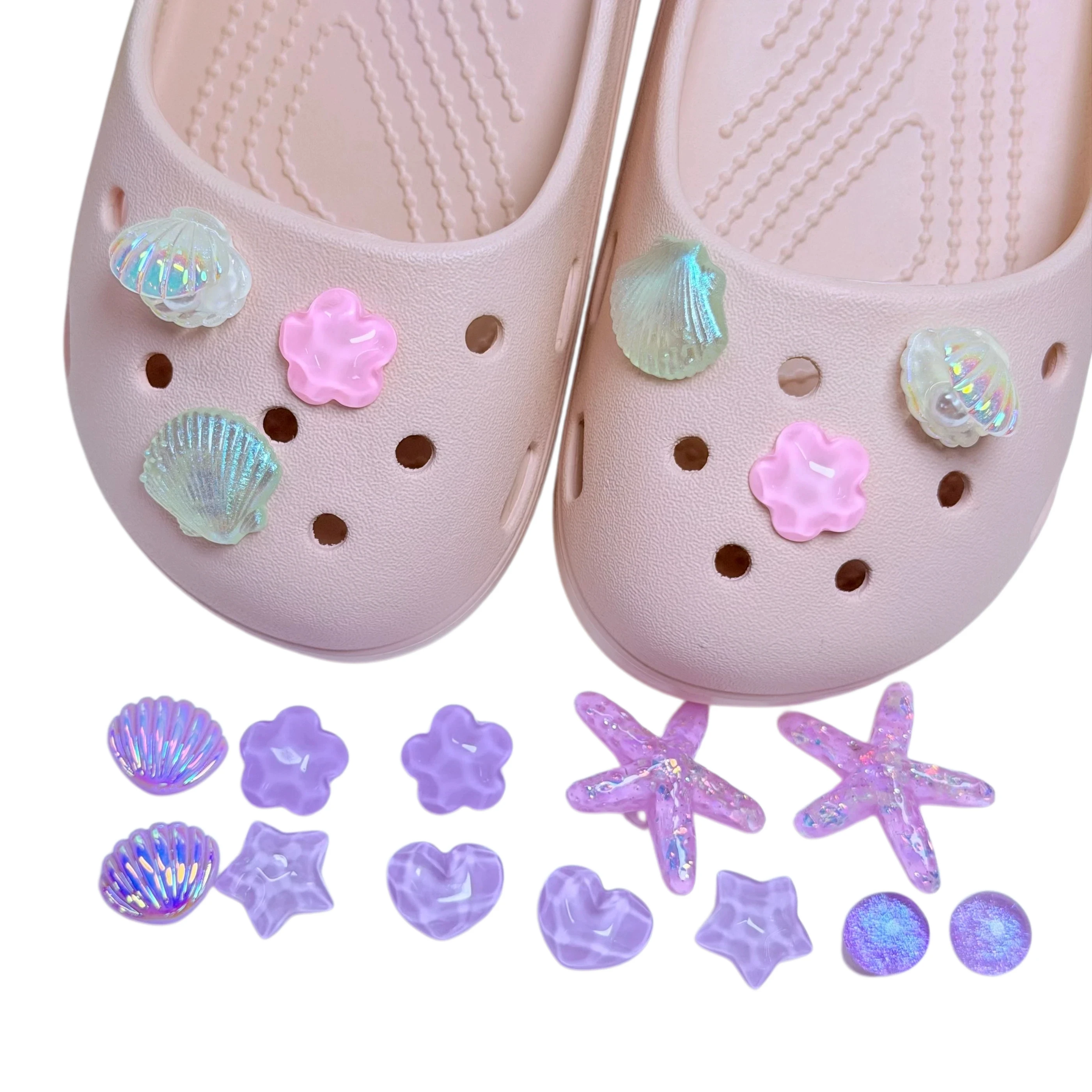 18Pcs Mix Flower Shell Shoe Decorations Purple Star Resin Detachable Clog Buckle Charms Fit Woman Holiday Gift