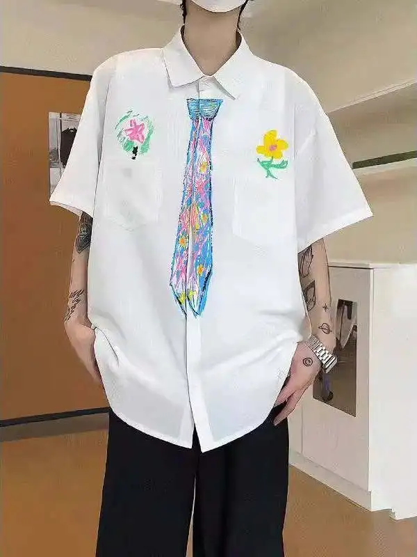 

Мужская рубашка свободного кроя, летняя, тонкая, с коротким рукавом, с завязками, повседневная верхняя одежда, дышащая, с принтом, на пуговицах, в американском стиле