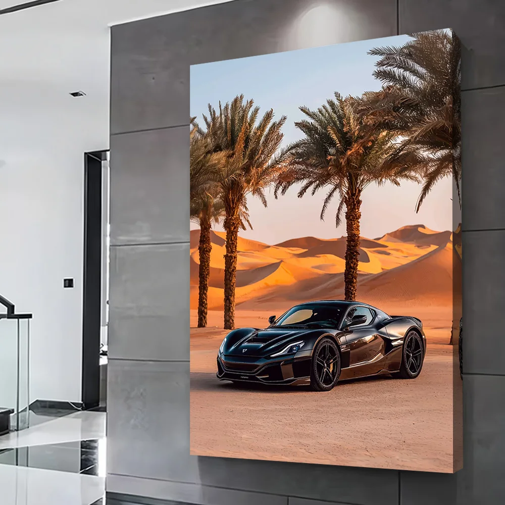 Black Sports Car in Desert Poster Customizable Printed Canvas Painting for Pictures Wall Art Gamer Decoration Room Ornaments