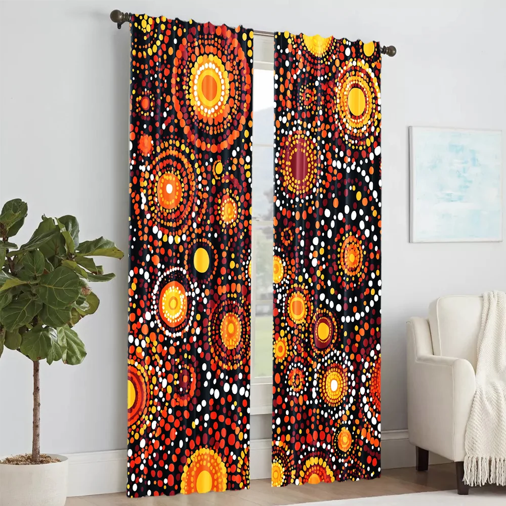 2Pcs Bohemian Aboriginal Circle Pattern Window Curtains Rod Pocket Polyester Material Drapes For Bedroom Living Room Office