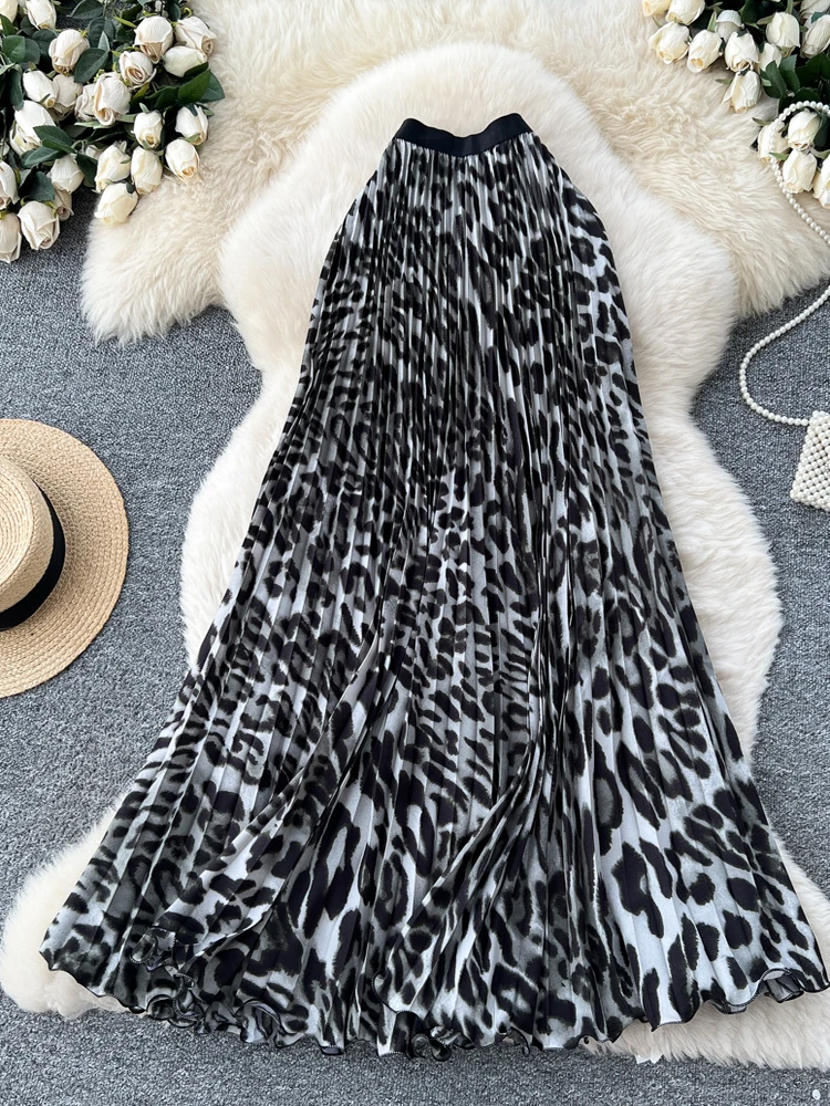 エレ ミッドレングス Aラインスカート レディース ハイウエスト 着痩せ プリーツ 通勤スカート レオパード柄 スレシ カジュアル ポリエステル...