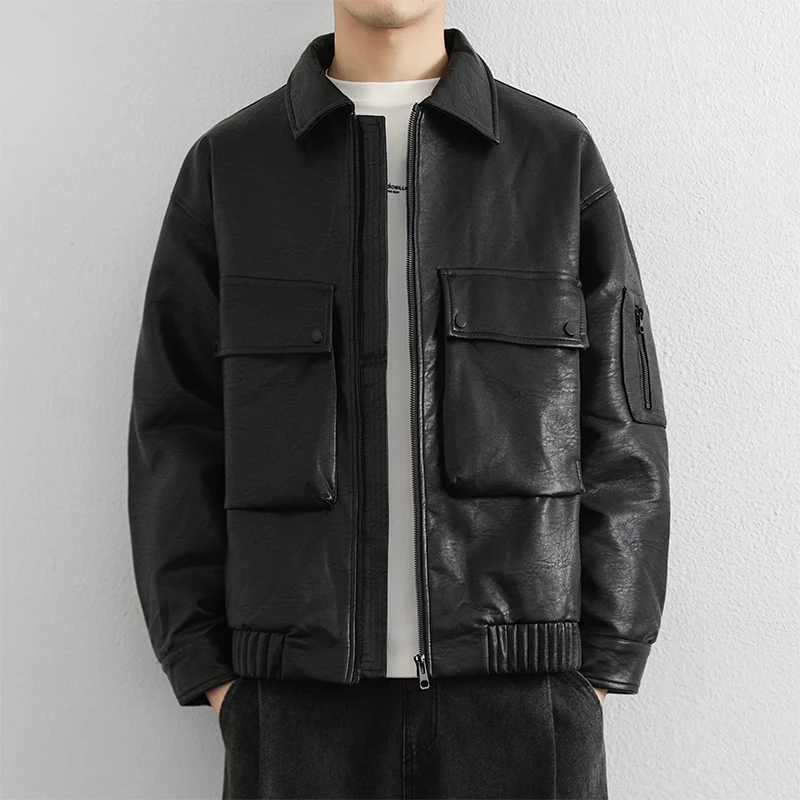 

High Quality Men's Casual Duck Down Leather Jacket New 2026 Winter Windproof Warm Puffer Coat Outwear Loose Padded Tops Clothing