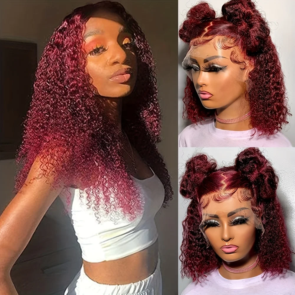 

99j Парики бордового цвета Парик из человеческих волос 13x4 Прозрачный парик шнурка Короткий боб вьющиеся парики из человеческих волос для женщин