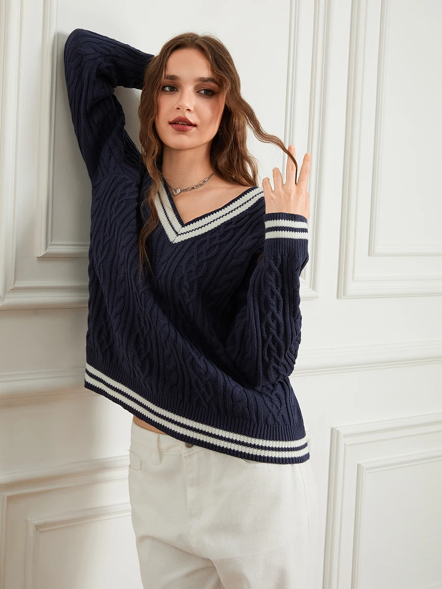 Women s Cable Knit Sweater Loose Contrast Trim V Neck Long Sleeve Pullover Tops for Fall Winter