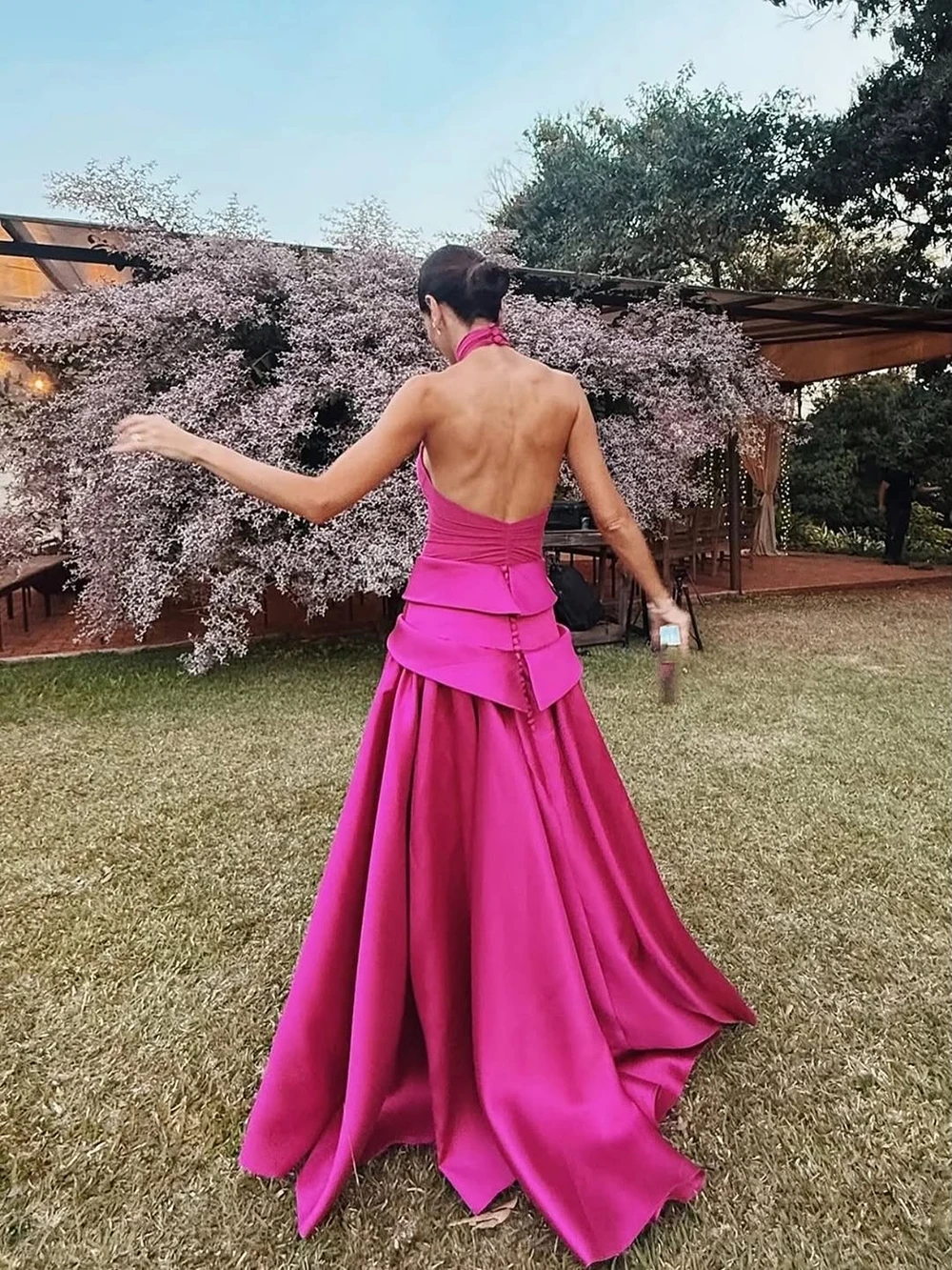 Msikoods Customized Hot Pink Halter Satin Evening Dresses Backless Formal Evening Gown Layered Prom Dress Long Party Dresss - view 4