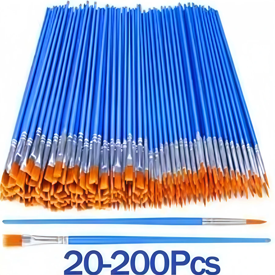 20 - 200 Pcs Artistic Round Flat Nylon Hair Painting Brushes, Suitable for Oil Painting, Acrylic, Watercolor, Children/Artist/Be
