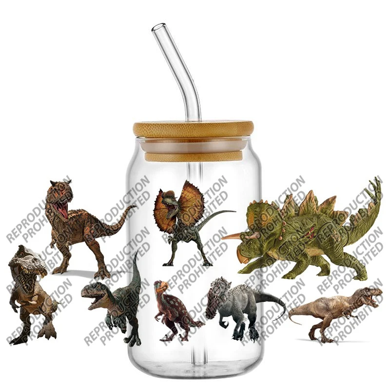 Popular Dinosaur World Design UV DTF 20 New Design Cup Mug transfer Sticker DIY 3D Decal For 16oz Libbey Glass cup wrap