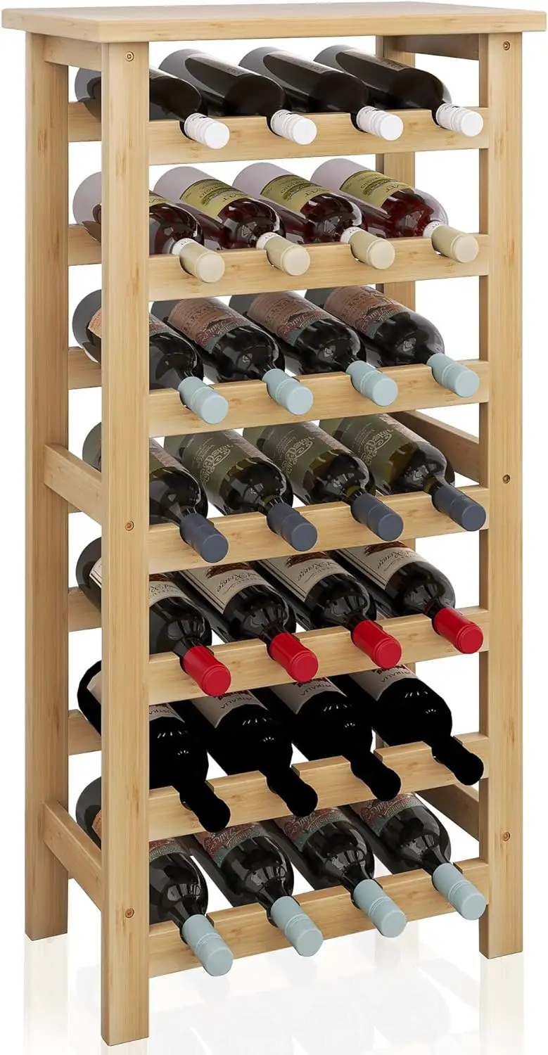 

7-Tier Bamboo Wine Rack with Table Top, Holds 28 Bottles for Kitchen, Bar, or Cellar Storage
