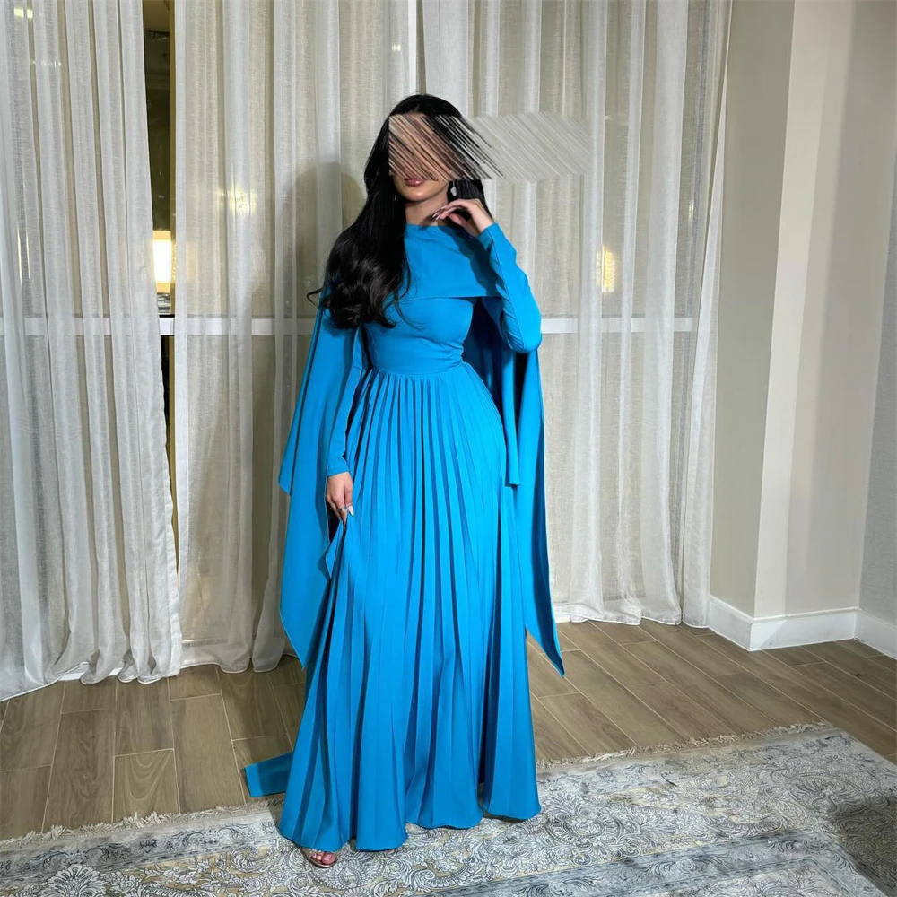 

Tarot Blue A Line Pleated Prom Dresses Long Sleeves High Collar Saudi Pageant Dress Floor Length Evening Gowns robes de soirée