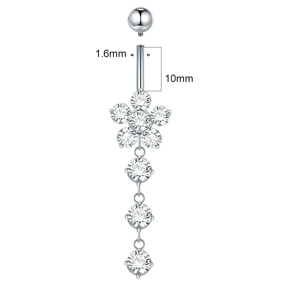 1/5PCS Titanium Crystal Navel Nail Ring Drop Flower Dangle Belly Button Rings Curved Zircon Belly Barbell Piercing Women Men 14G