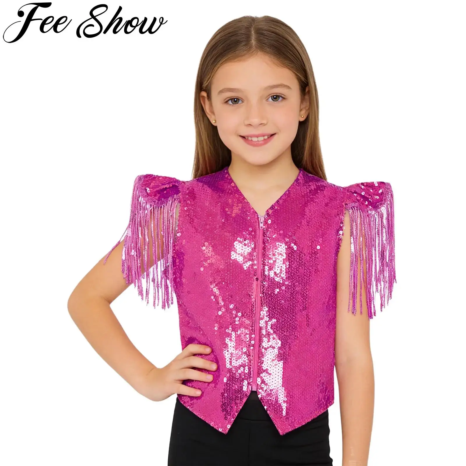Kids Boys Girls Metallic Disco Jazz Hip Hop Dance Vest Sequins Tassel Cap Sleeves Waistcoat for School Party Stage Performance