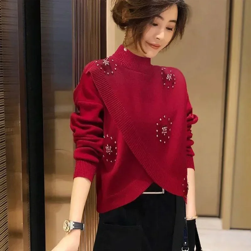 New Casual Knitted Sweater Women Vintage Autumn Beading Long Sleeve Cashmere Jumper Elegant Office Lady Fashion Pullover Tops