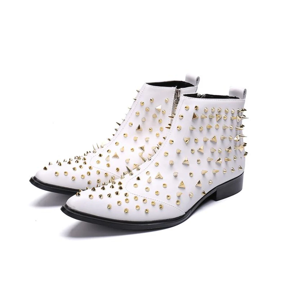 

White Rivet Genuine Leather Low Heels Pointed Toe Boots Male Plus Size Fashion Party British Style Cowboy For Men Dress Shoes
