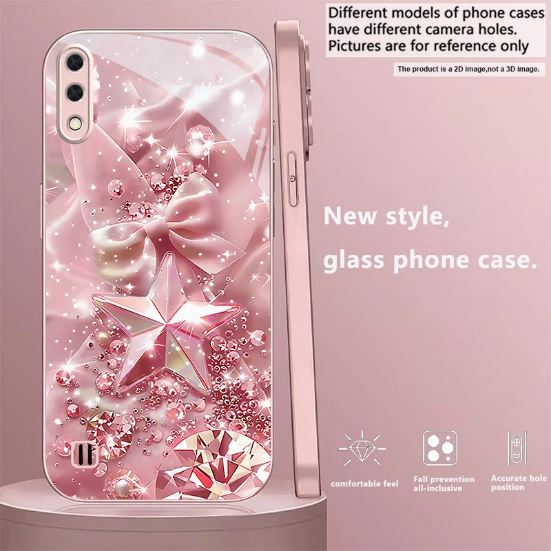 Bow Crystal Star Glitter Pink Metallic Glass Phone Case For Samsung A01/A02/A03 Core/A04/A04e/A05/A05s/A07/A70/A71/72 Back Cover