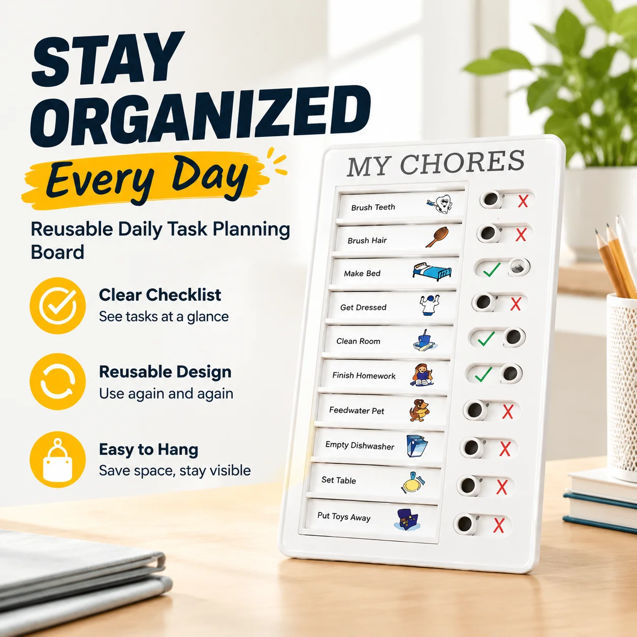 Reusable ABS Daily Task Planning Board with Hanging Design, Removable Checklist Paper & Sliding Progress Button for Home Office