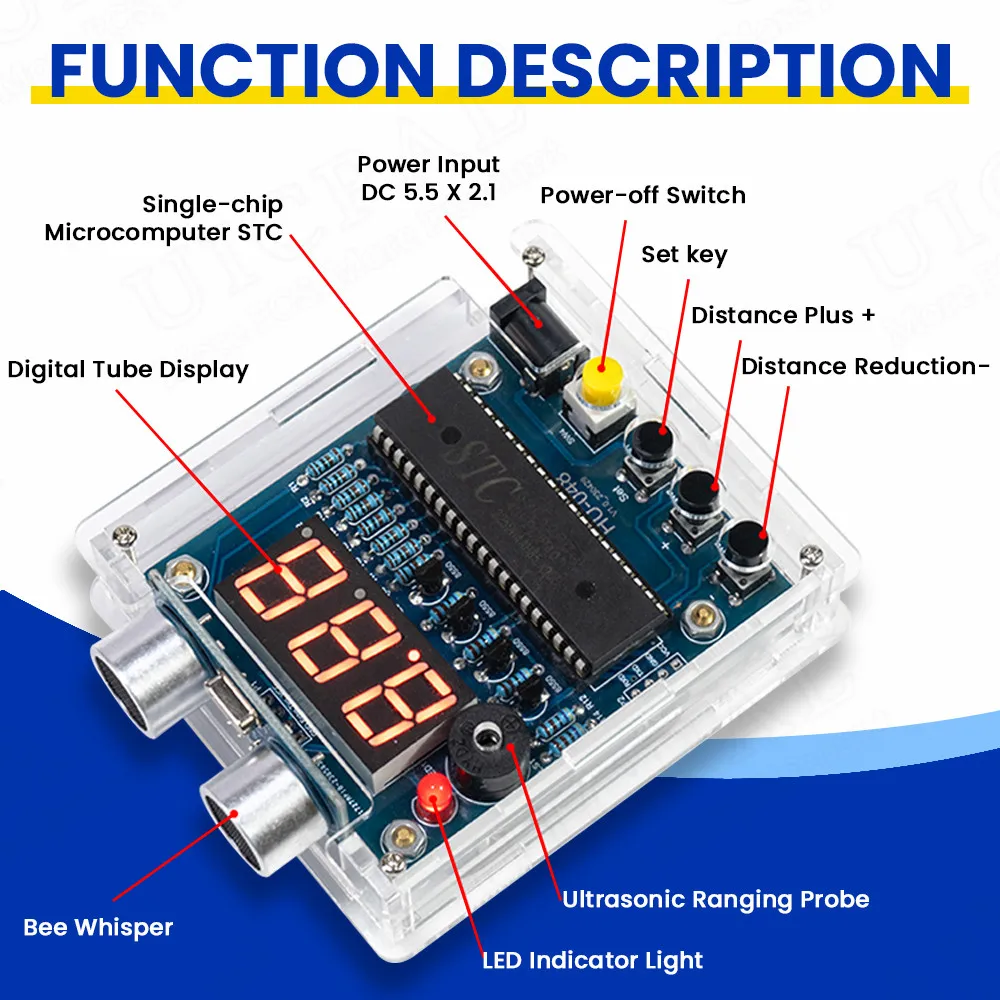 DIY Ultrasonic Ranging Electronic Kit STC with LED Measuring Distance 0-4M Radar Alarm DIY Soldering Project Practice Solder