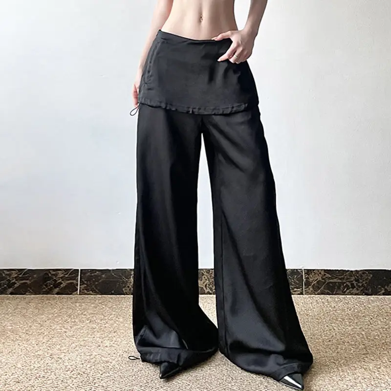 Wide-Leg Pants Flanging Leg Drawstring Low Waist European And American Design Relaxed Slim Spice Girls Casual Pants.