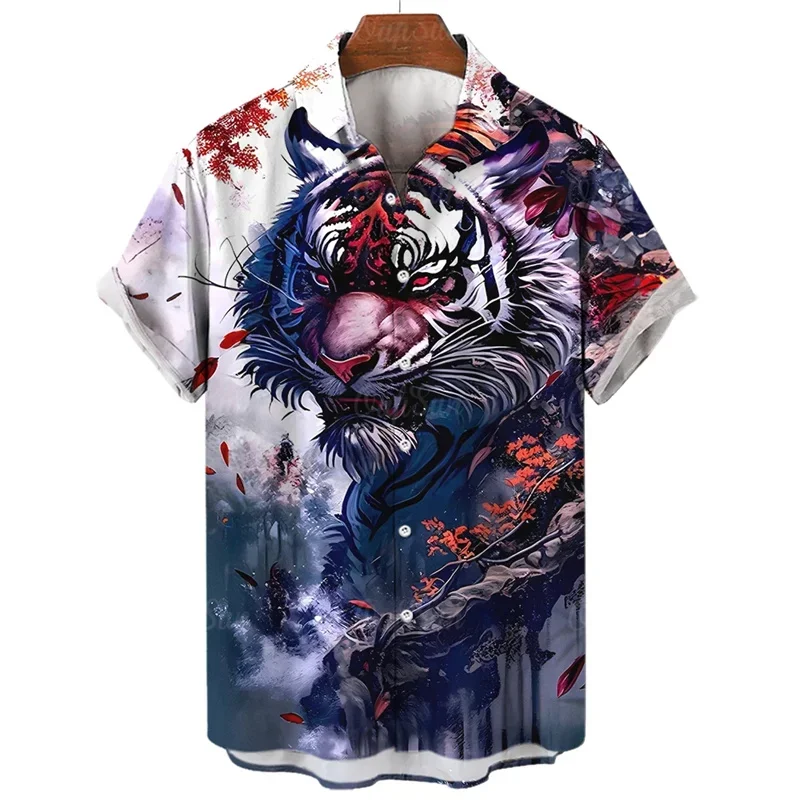 

Animal 3D Tiger Print Hawaiian Shirt Men's Fierce Beast Pattern Short Sleeve Casual Cool Extra Large Shirt Street Top Shirt