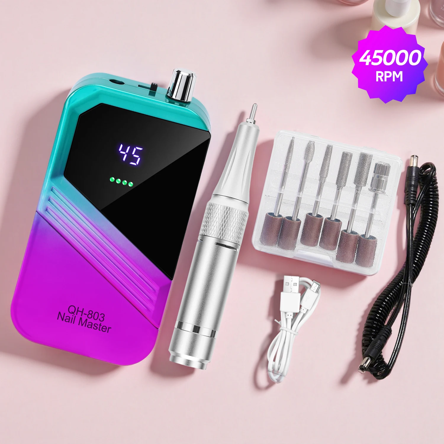 

Portable 45000RPM Electric Nail Drill Machine With LED Display Low Noise Rechargeable Nail Sander For Home Manicure Salon Use