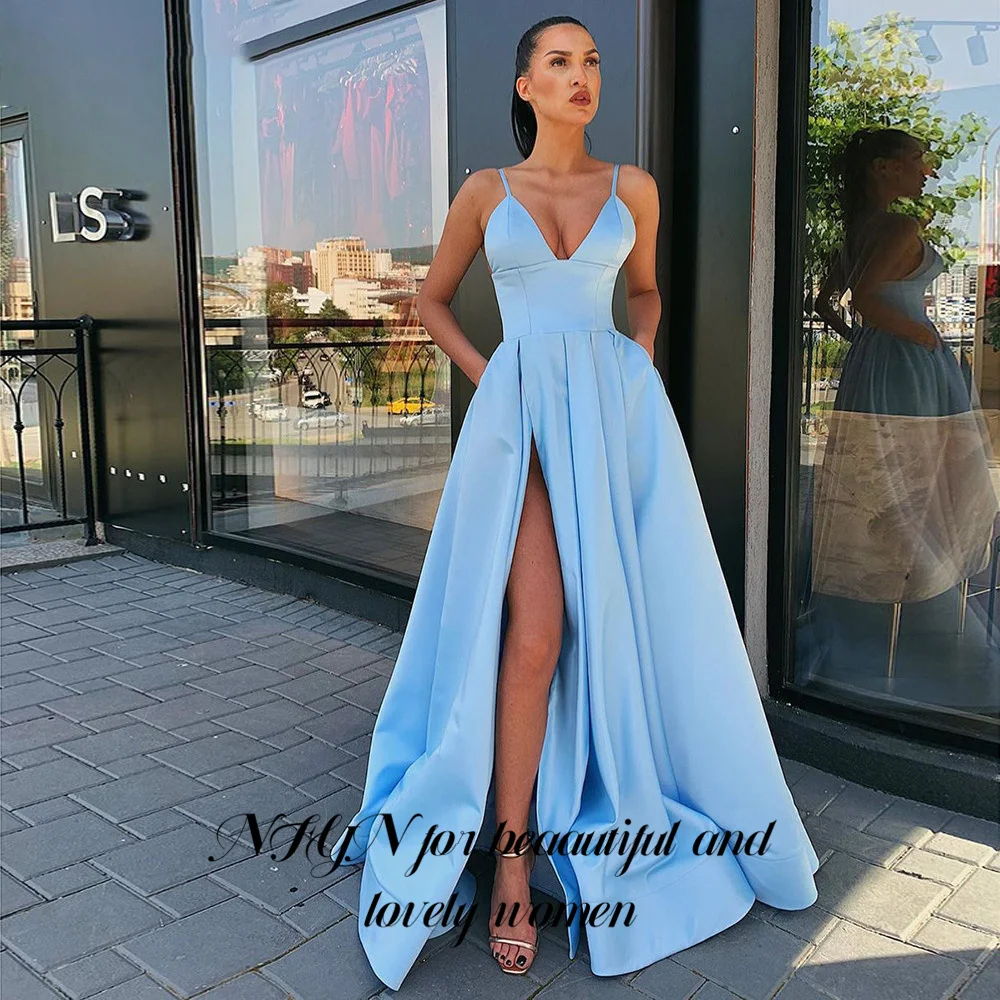 NFYN Sexy V Neck Satin Evening Dresses Spaghetti Strap Side Slit Prom Dress High Waist Evening Gowns Robe De Soiree Customized image 2