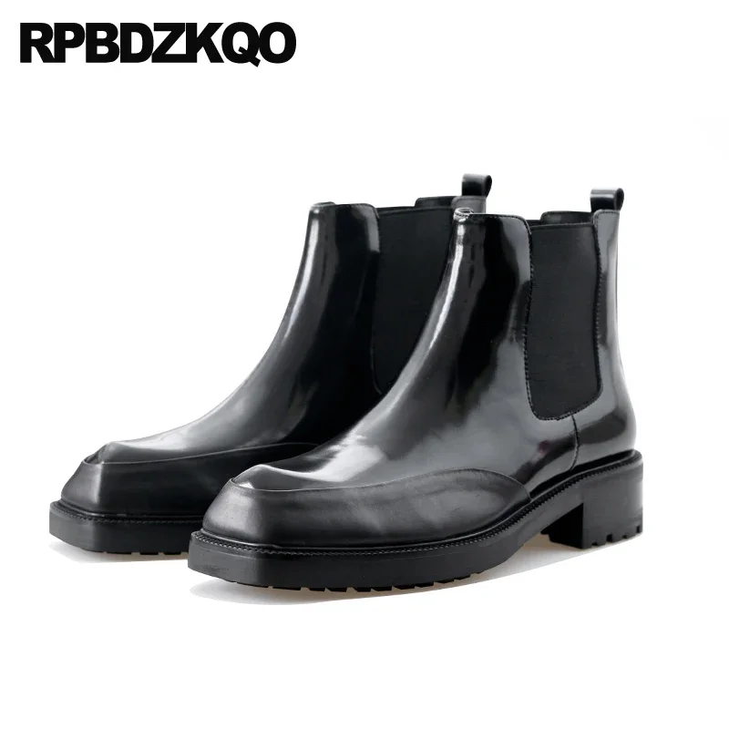 

Dress Slip On Party Chelsea Square Toe Boots Men's Shoes Wedding Short Chunky Formal Booties Business Full Grain Leather Ankle