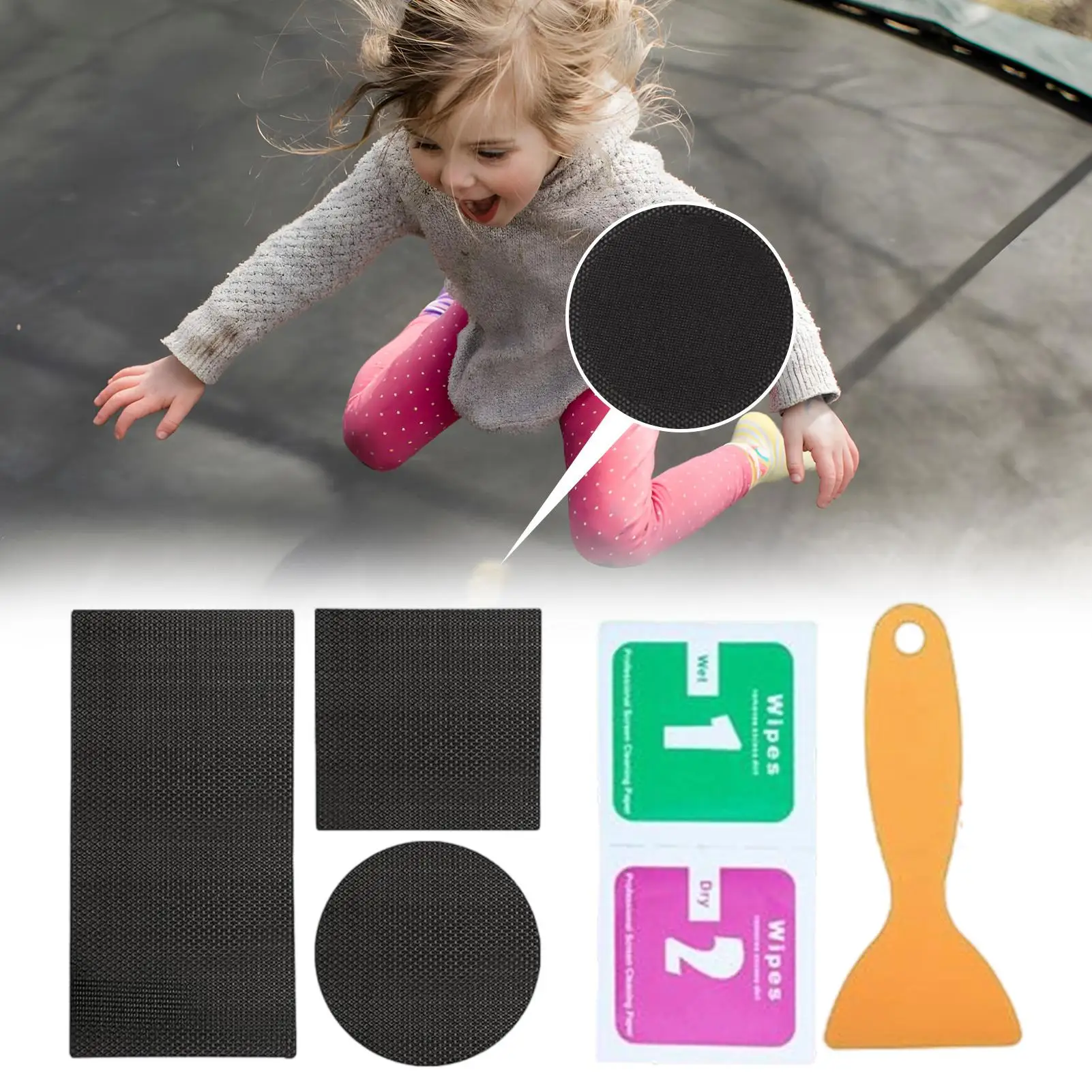 

Trampoline Patch Repair Kit, 3 Shapes Self-Adhesive Mat Tapes for Holes Tears, Square Rectangular Round Repairing Patches
