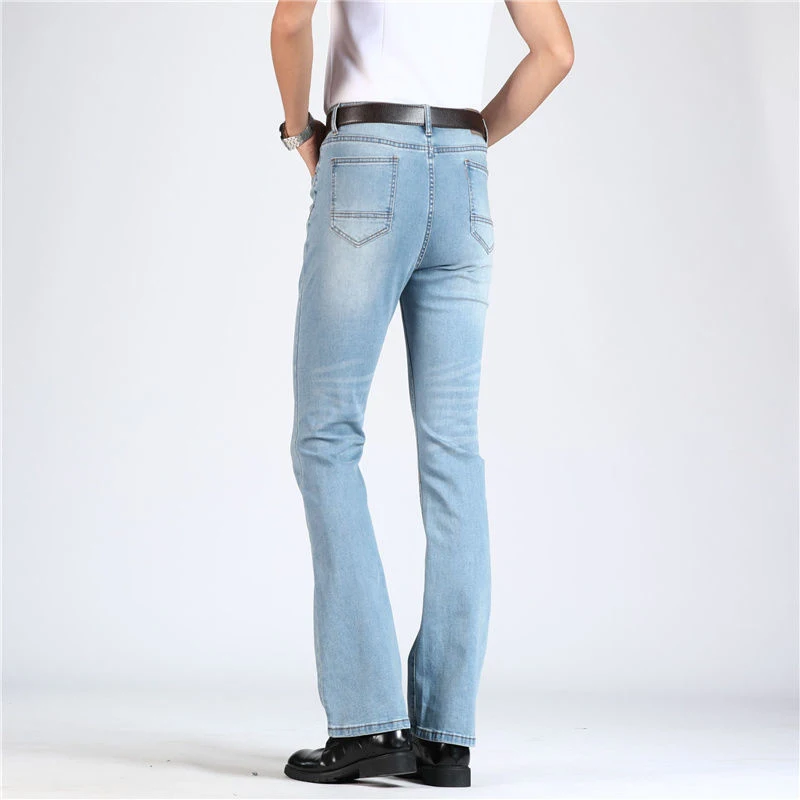 Fashion Mens Bell Bottom Jeans Business Blue Mid Waist Slim Fit Stretchy Boot Cut 90`s Vintage Leg Denim Pants