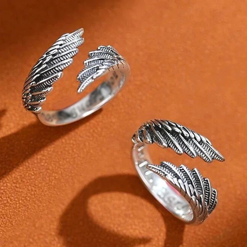 Angel Demon Wings Creative Ring Sterling Retro Adjustable for Men Women Silver-Colored Jewelry Suitable for Daily Wear