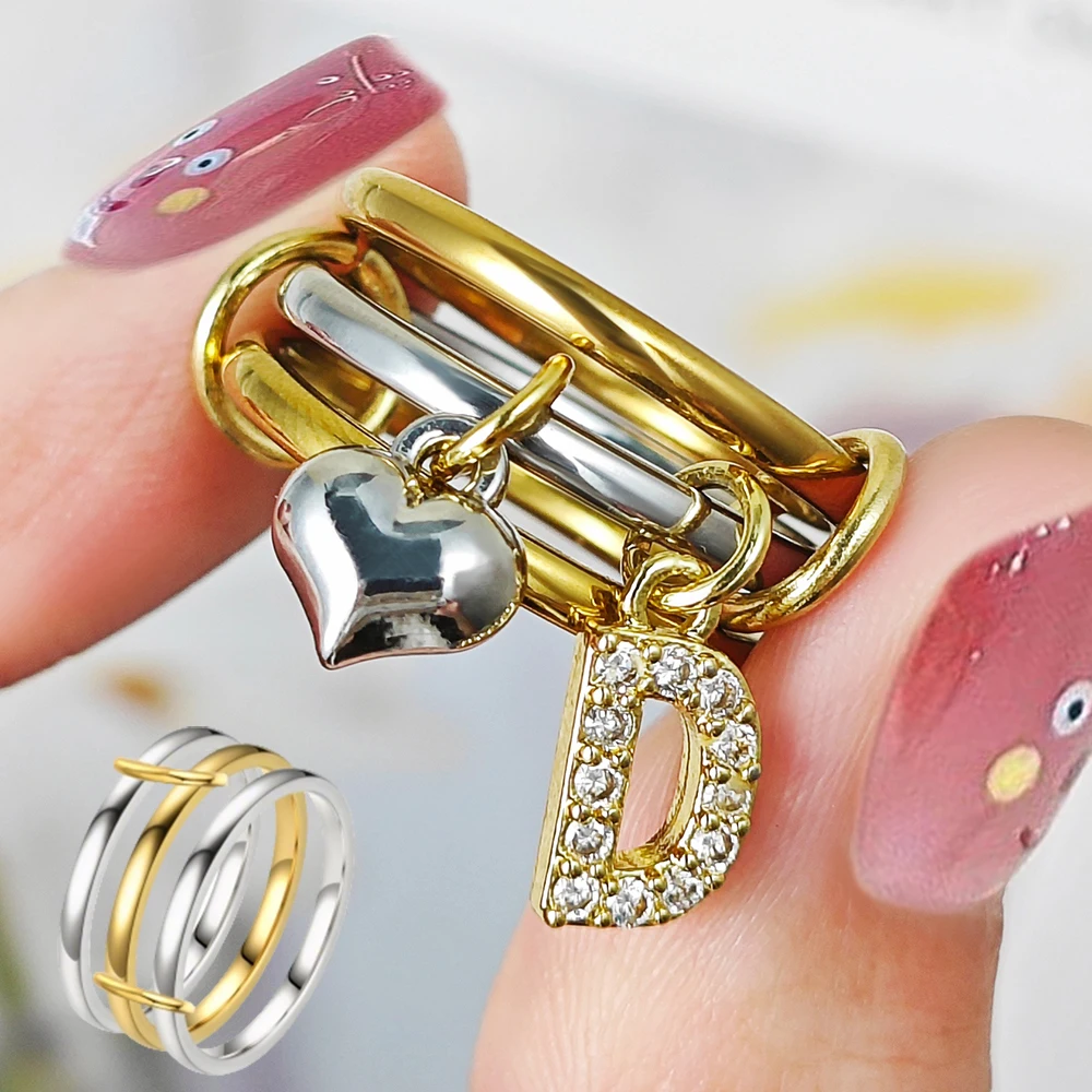 Anillos con colgante de letra de corazón para mujer INS, nuevo anillo de acero inoxidable con circonita Spinelli Kilcollin, conjunto de joyería de Color dorado