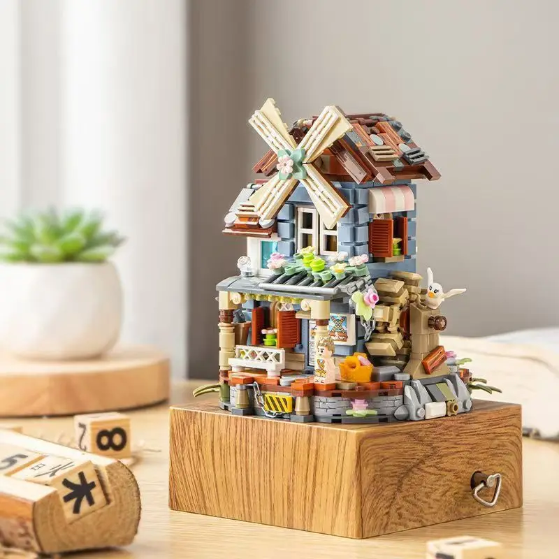 City Street View Windmill House Mini Block Creative Music Box Assembly Building Bricks Figures Educational Toys For Gifts - view 6