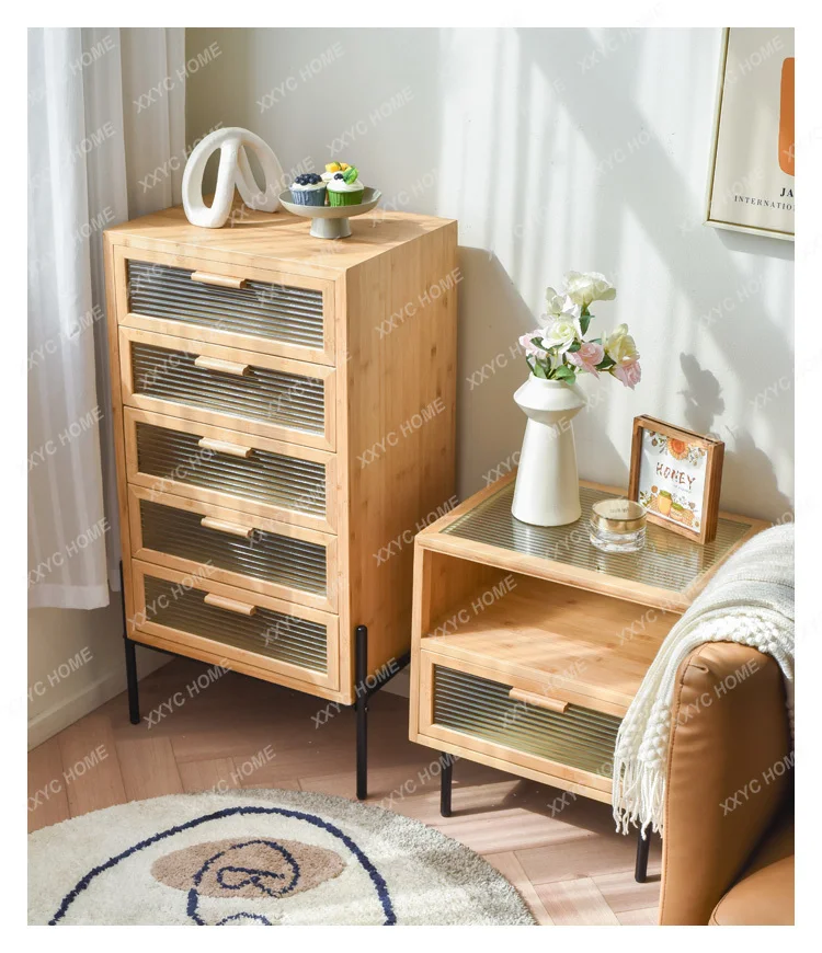 A  Japanese pastoral bamboo five-draw bucket cabinet solid wood modern simple living room bedside locker