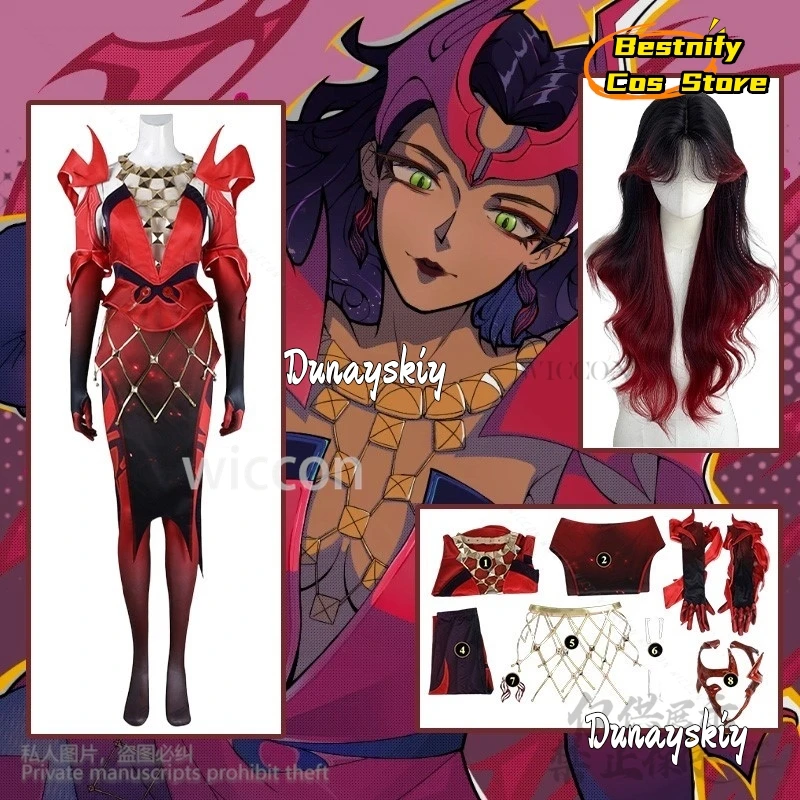 

Anime Game Rivals Cosplay Witch Red To Black Gradient Wigs Sexy Jumpsuit Halloween Party Punk Y2K Bodysuit Headwear RoleplaySuit