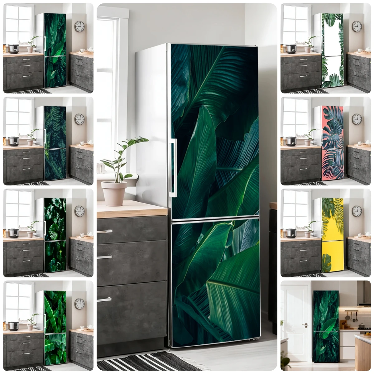 Tropical Green Leaf Plant Fridge Door Sticker Art Wall Mural Self-adhesive Kitchen Refrigerator Door Wrap Wallpaper Stickers