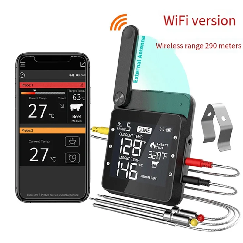 

ABXF-Smart Rechargeable Digital Wifi Wireless Remote Meat Barbecue BBQ Thermometer For Oven Grilling Smoker