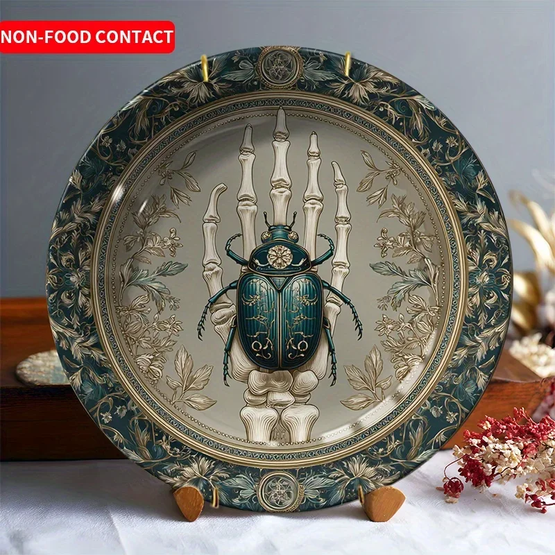 1pcGothic Ceramic Decorative Plate with Beetle & Skeleton Hand Design, Unique Tabletop Display Art Piece, Non-Food Contact Home