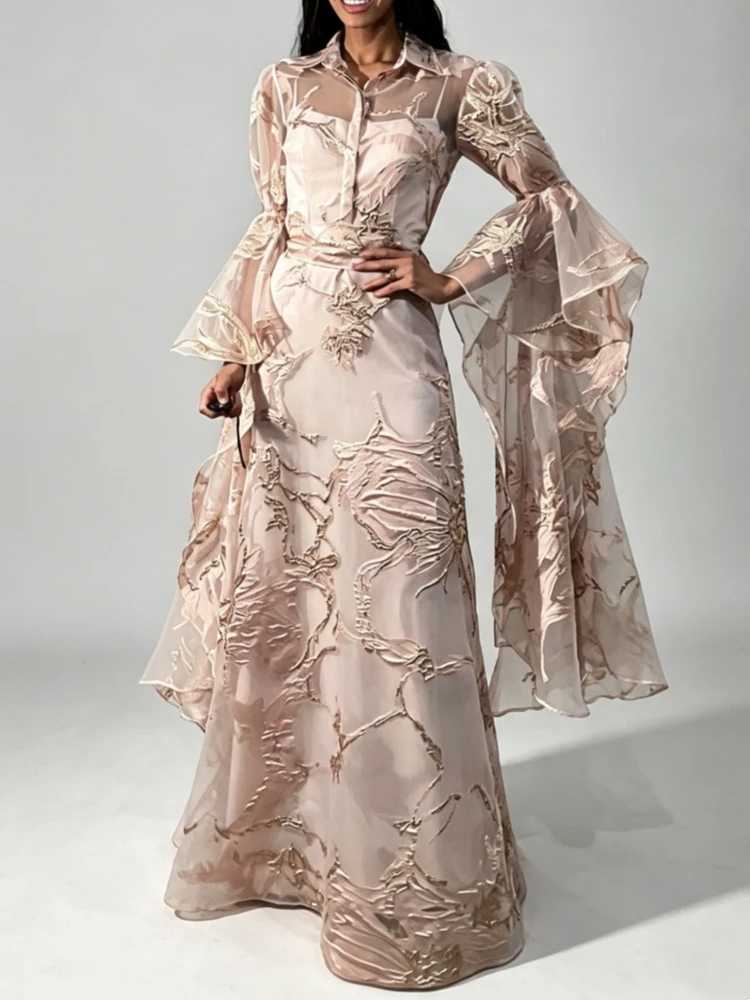 Elegantes Damen-Organza-Jacquard-Maxikleid mit Revers, Knöpfen, ausgestellten Ärmeln, transparentem Stoff, formelles Abendkleid für Hochzeitsgäste, Partykleid, langes Kleid