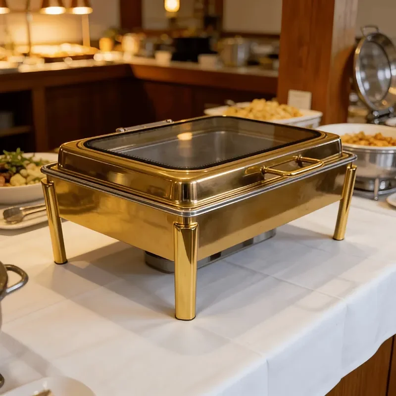 9L Stainless Steel Buffet Warmer Gold Gas Heating Pot Luxury Food Chafing Dish Set for Catering Party Hotel Restaurant Use