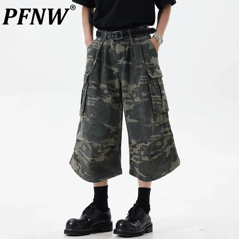 

PFNW American Trendy Pleated Camouflage Design Denim Shorts Male New High Street Large Pocket Seven Wide Leg Cargo Pants 28W4449