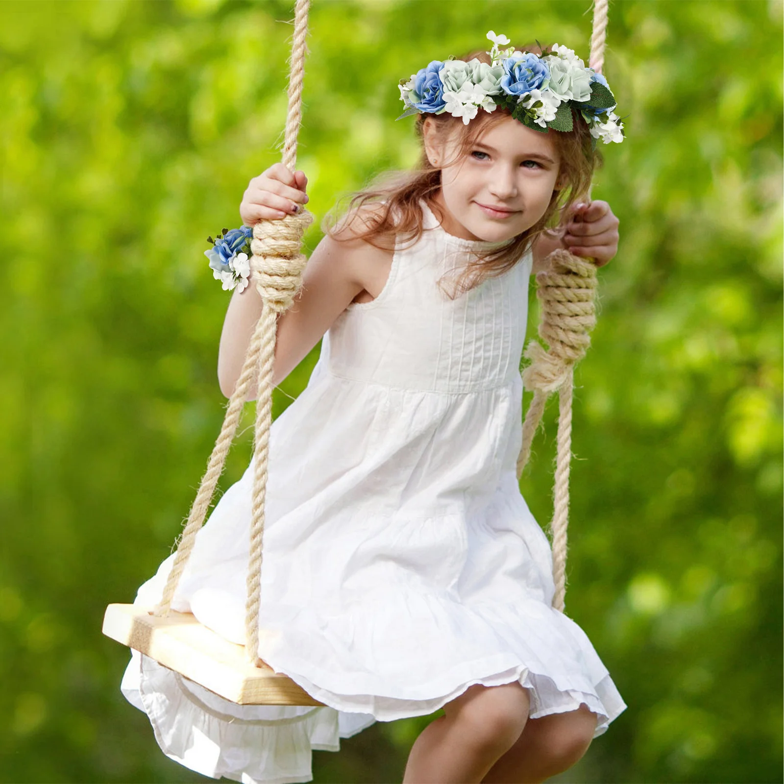 

1 set Flower Headband Bracelet Set Artificial Hair Flowers For Women Girls Wedding Photo Props Green Leaf Design