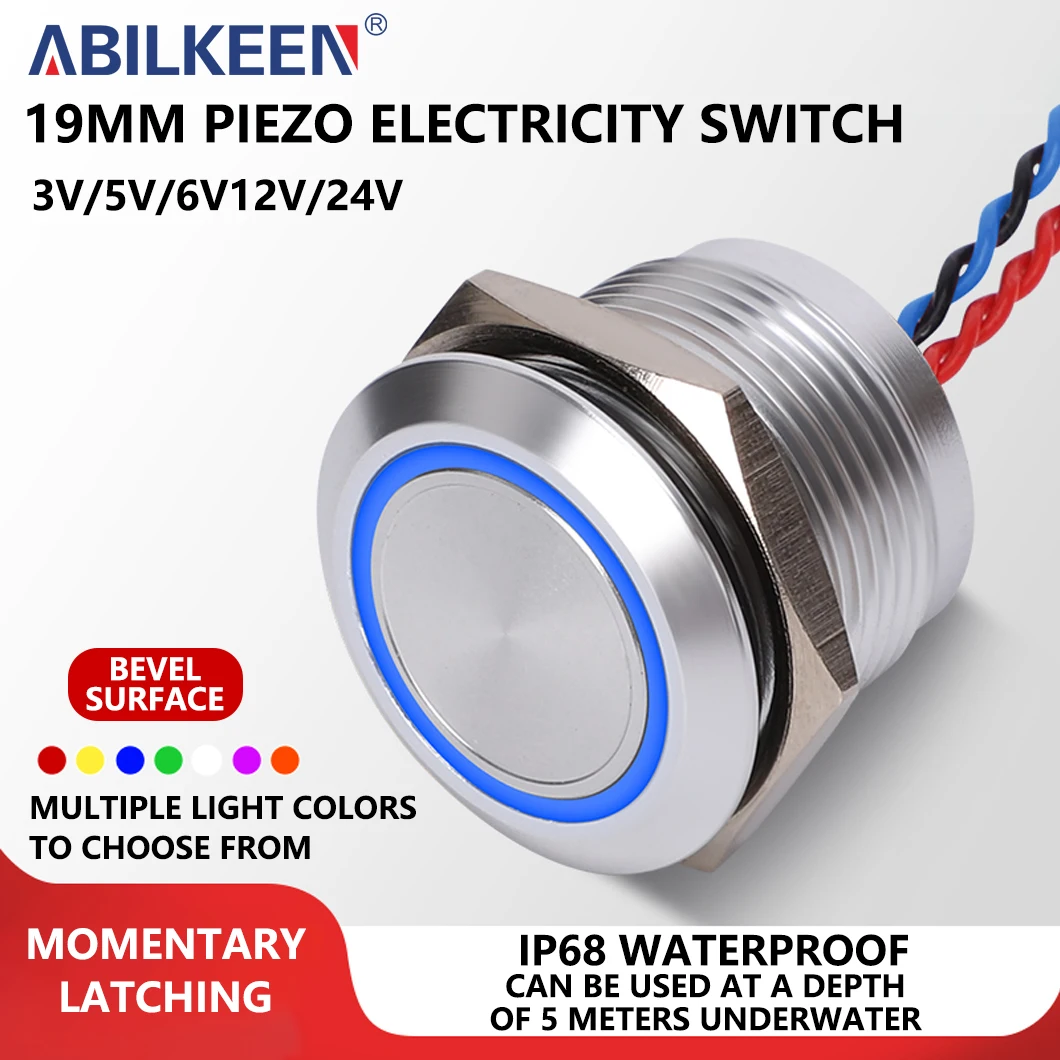 ABILKEEN 19MM Bevel Surface Piezo Electric Switch 1NO Momentary/Latching LED Ring Light IP68 Waterproof Piezo Touch Switch