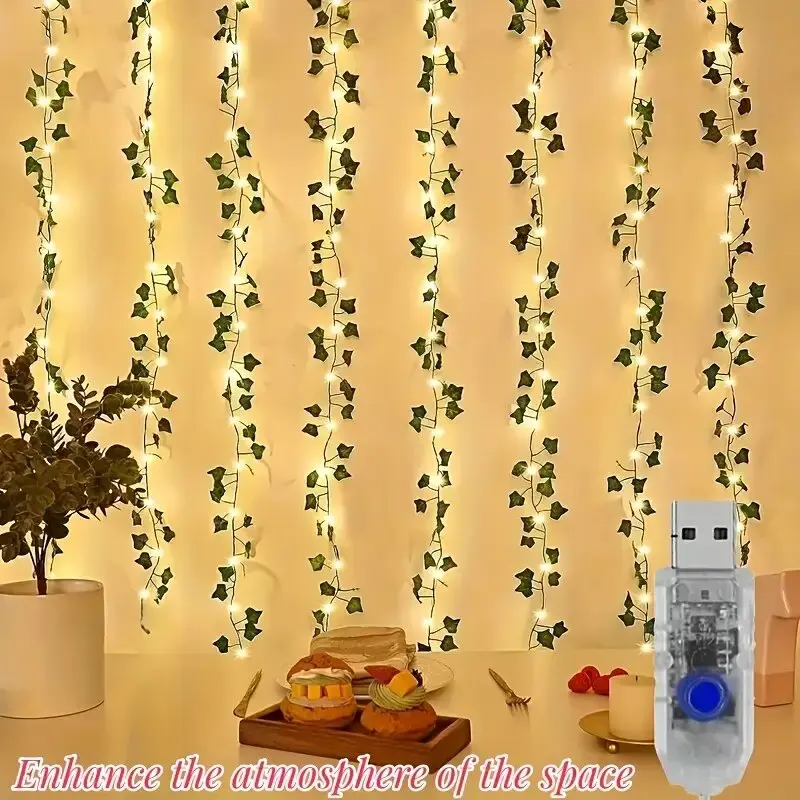 

1PC3M100LED USB Ivy Leaf Curtain String Light,Suitable for Wall, Party, Wedding, Room, Home, Kitchen Decoration