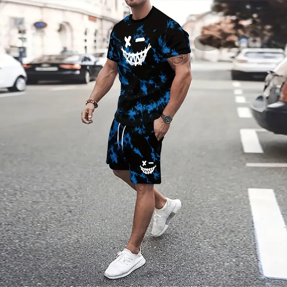 Nova moda masculina de manga curta camiseta shorts 2 peças conjunto casual smiley face impresso em torno do pescoço pulôver topo e shorts