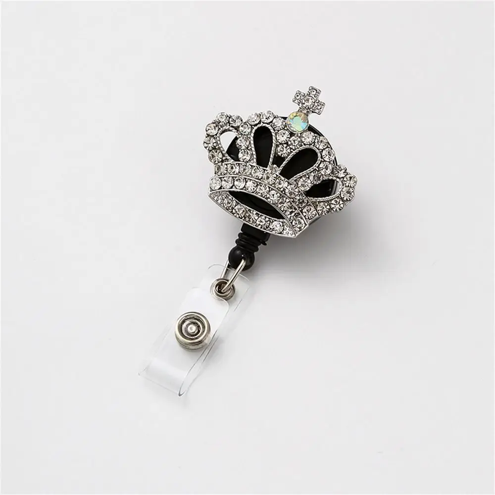 Rhinestone Crown Badge Reel Rotation Diamond ID Card Holder Easy-pull Name Card Retractable Badge Holder Students Doctor