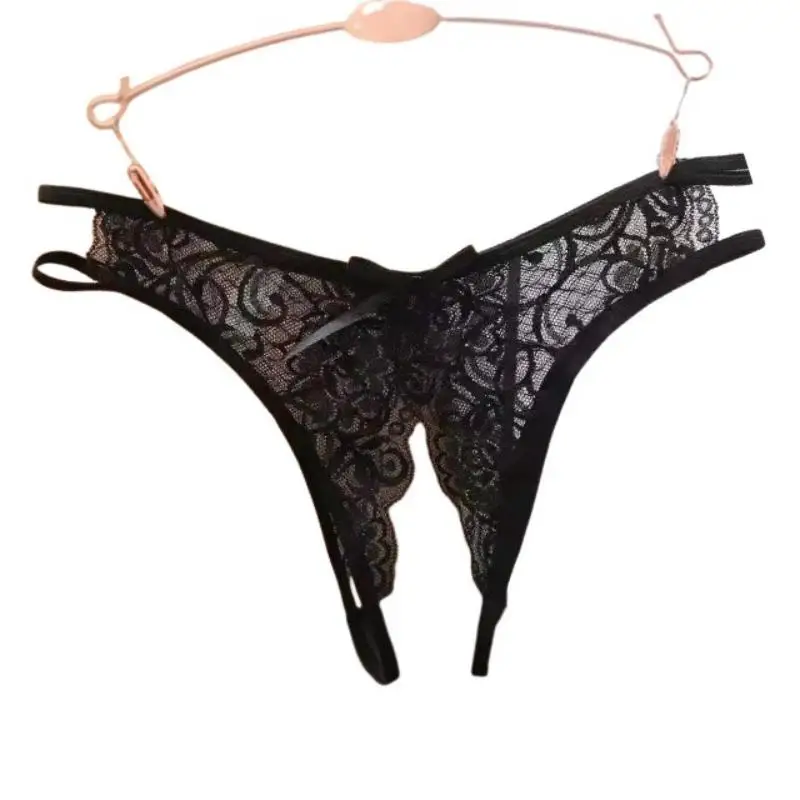 Women Lace Open Crotch Thong Panties  Transparent Hollow Out Lingerie G-string With Bowknot For Intimate Wear Black Red Whir