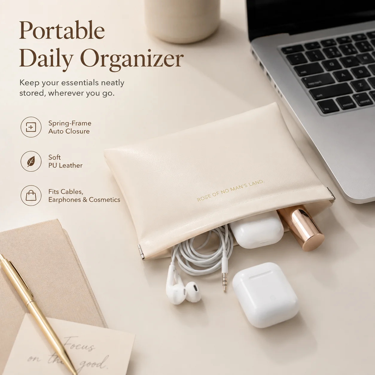 Self Closing Cable Pouch, Elastic Band Organizer for Earphones and Charger, Portable Storage Bag for Makeup and Lipstick