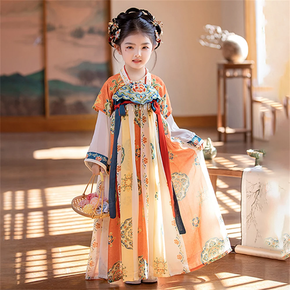 Spring Autumn Chinese Traditional Embroidery Dress Girl Hanfu Folk Tang Suit Fairy Performance Costume Children Vintage Clothing