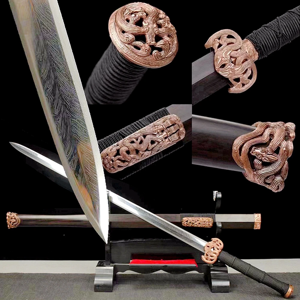 Red Copper Sword Fittings Real Handmade Chinese Han Dynasty Saber KungFu Battle Jian Sharp Folded Forging Feather Pattern Steel