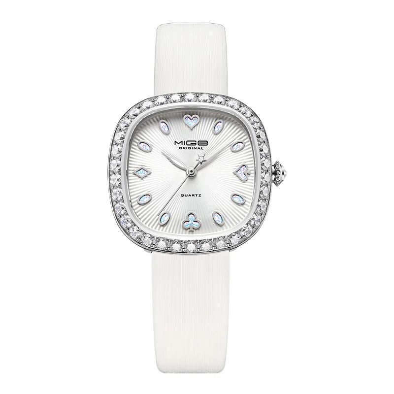 

Женские модные, элегантные и универсальные кварцевые часы Mige с кожаным ремешком, инкрустированные бриллиантами, подходят для повседневного ношения или подарков