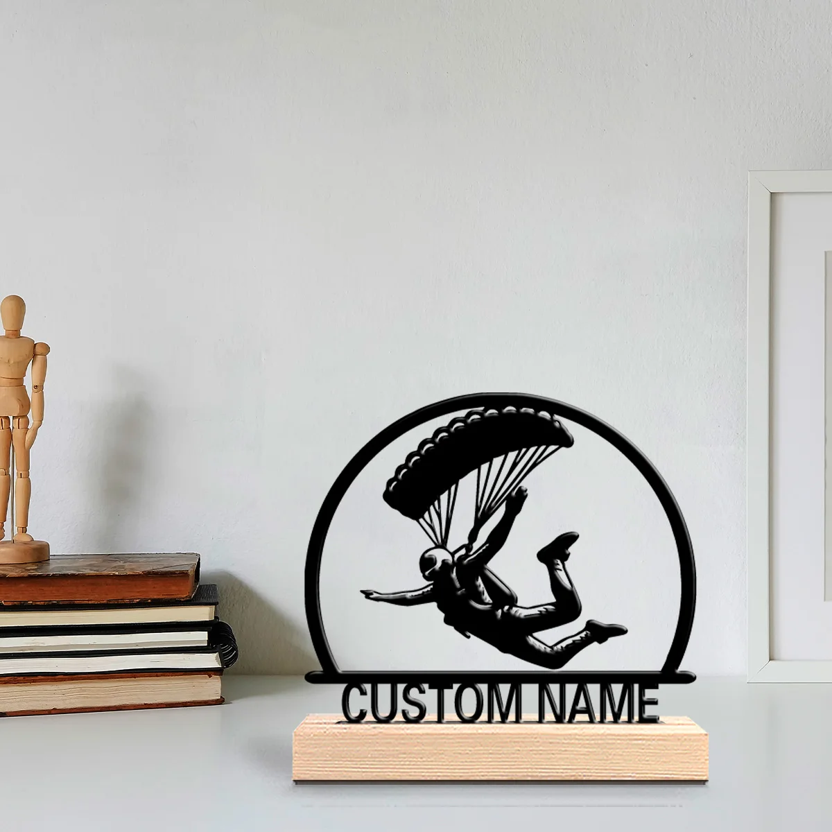 1pc Fashion Parachute Personalized Text Metal Statue Iron Ornament Figurine With Wood Base Iron Sculpture For Bedroom Desk Decor