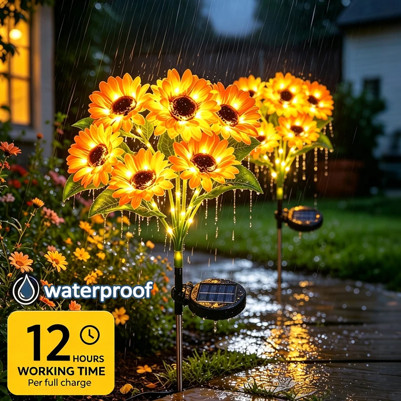 Outdoor Decor LED Artificial Sunflower Lights Solar Power Waterproof Flower Garden Light for Outside Flowerbed Balcony Courtyard